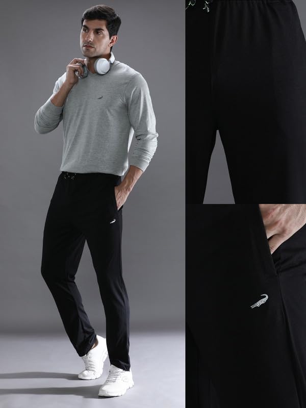Image of CROCODILE Men Solid Regular Fit Track Pant | Mid Rise | Drawstring Waist | Regular Length | Casual Sports Lounge Bottomwear Jet Black