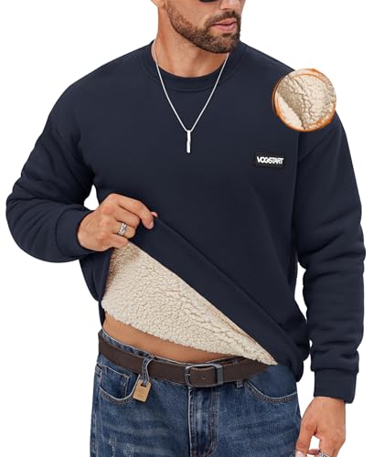 VOGSTART Men's Pullover Sweatshirts Pullover Winter Thermal Warm Sherpa No Hood Long Sleeve Crew Neck Jumper Navy L