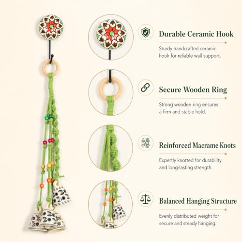 Image of KAAMERI BAZAAR Macrame Wind Chimes Enhance Living Space for Diwali (4 Bells, 1 Ring Tied with Green Macrame Thread)