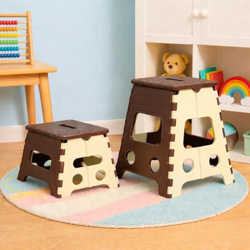 Image of PulGos 12 Inch + 18 Inch Folding Step Stool Combo for Adults & Kids | Heavy Duty Foldable Plastic Sitting Stool for Home, Kitchen, Bathroom, Garden & Travel | Anti-Slip, Durable | BRWN & White