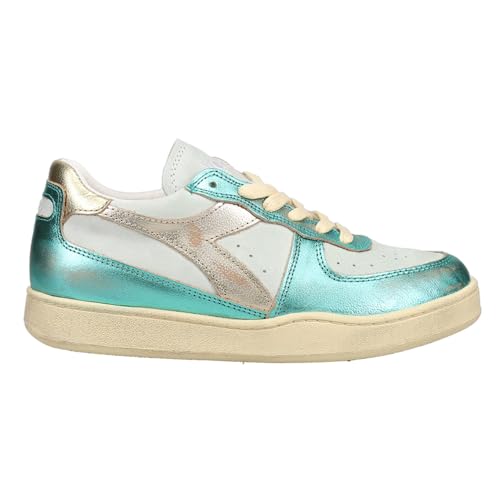 Diadora Womens Mi Basket Low Metallic Pigskin Used Lace Up Sneakers Shoes Casual - Blue