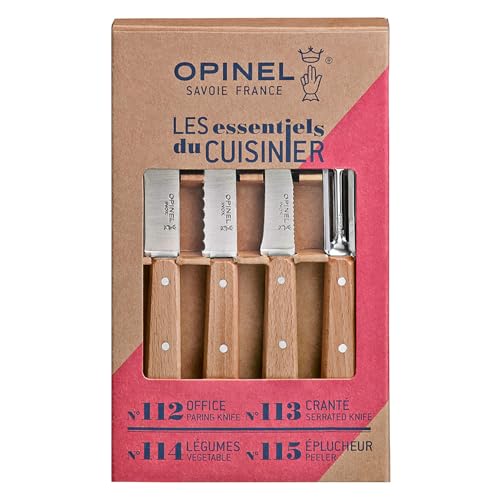 Opinel - Set Di 4 Coltelli Da Cucina Essenziali - N°112 Ufficio, N°113 Seghettato, N°114 Verdure, N°115 Pelapatate - Lama In Acciaio Inossidabile - Faggio Verniciato Naturale - 2
