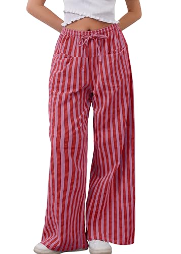 Image of MISSACTIVER Women Drawstring Striped Pants Loose Wide Leg Trousers Casual Low Waist Pants Comfy Lounge Pants with Pockets