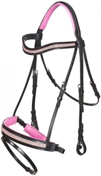 English Bridle Headstall Reins Leather Cowhide Genuine Horse Crossover Crossunder Raised Fancy Stitched Laced All Purpose Jumping Dressage Rubber Crystal Adjustable Browband Size:Full-Cob, M81