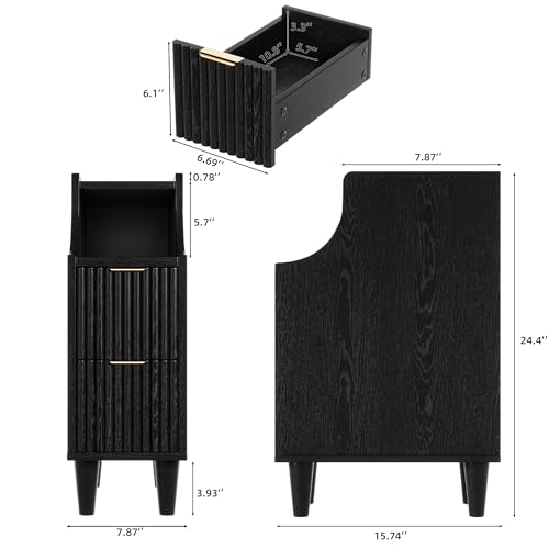 Image of Fluted Nightstands Set of 2,Narrow Bedside Table with 2 Drawers & Storage, Farmhouse Walnut End Table Modern Side Table for Bedroom Livingroom Sofa Office, Small Space