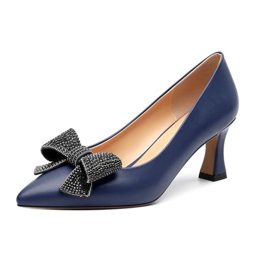 Image of Heels for Women Closed Patent Pointed Toe Bow Pumps Slip on Kitten Low Heels Wedding Party Dress Office Shoes 2.5Inch