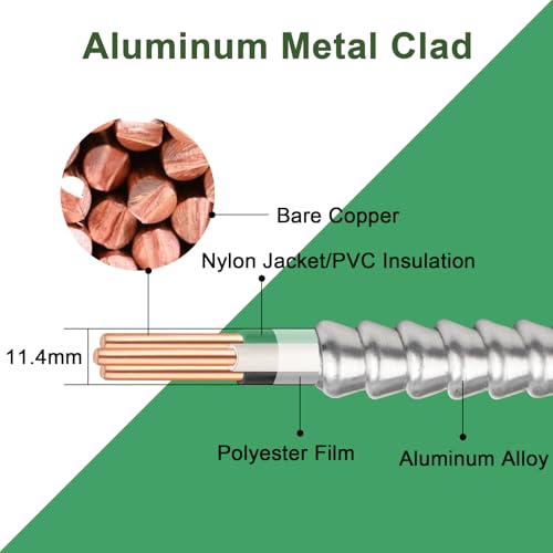 Image of 200ft 14 /2 Metal Clad (MC) Cable with Ground, 14 Gauge Electric Wire with Aluminum Armor, Solid Bare Copper Conductors for Indoor Outdoor Underground Embedded Installation (14 /2, 200 ft)