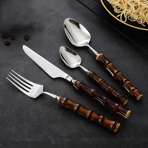 GULSARAYI Black Silverware Set for 14 Creative Imitation Bamboo Handle Cutlery Set Black Flatware Set Spoons And Forks Set 18/8 Stainless Steel Best Gift Combo Dishwasher Safe