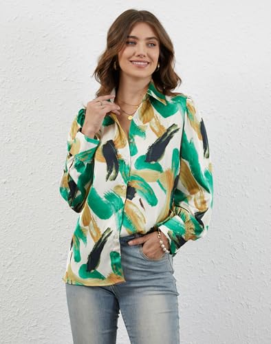 BBIBBI Women Button Down Blouses Dressy Casual Puff Long Sleeve Spring Tops Boho Floral Shirts Fashion Silk Blouse Green Strokes M — view 3