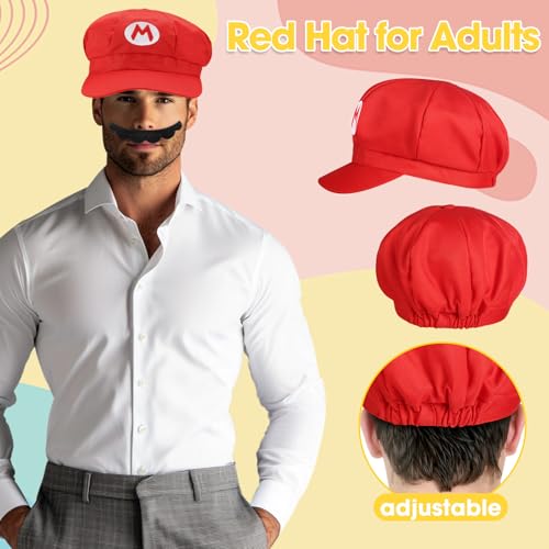 4Pcs Super Bros Hats Accessories Set Mary Luigy Caps, Mustaches, Suspenders, Gloves Buttons Halloween Cosplay Costume(Red+Green+Purple+Yellow)2