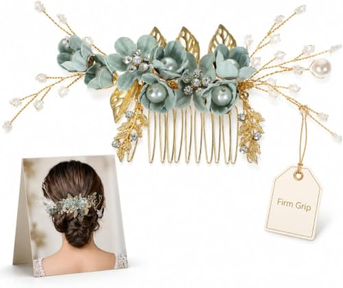 Image of Gatuida Green Wedding Hair Comb with Crystal Flowers and Alloy Teeth