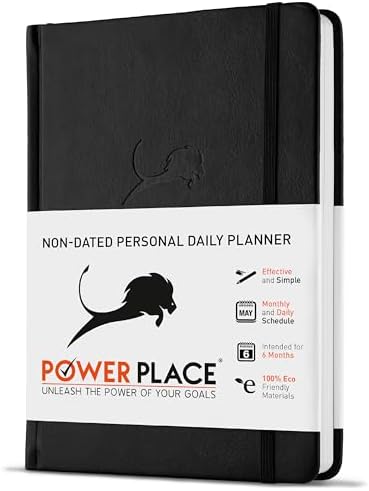 Daily Planner, Calendar & Gratitude Journal to Improve Time-Management, Productivity & Happiness | Vegan Leather Hardcover Organizer with Blank Dates, Undated 6 Months ADHD Planner, 24 Hour Agenda (Black)