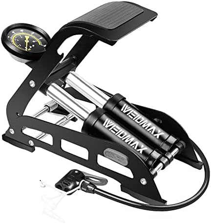 Double Barrel Pedal Pump, WEIDMAX Double Cylinder Bike Pump, Bicycle Foot Pump, Portable Bike Floor Air Pump, with Pressure Gauge and Intelligent Valve Head