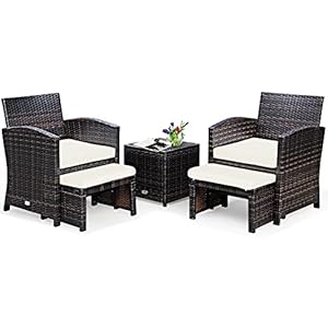 GIANTEX 5-delige set rotan tuinmeubelen, balkonmeubel, klein balkon, meubel, 2 rotanstoelen met kruk, tuinloungeset, terrasmeubels met tafel, tuinset, meubels (wit kussen)