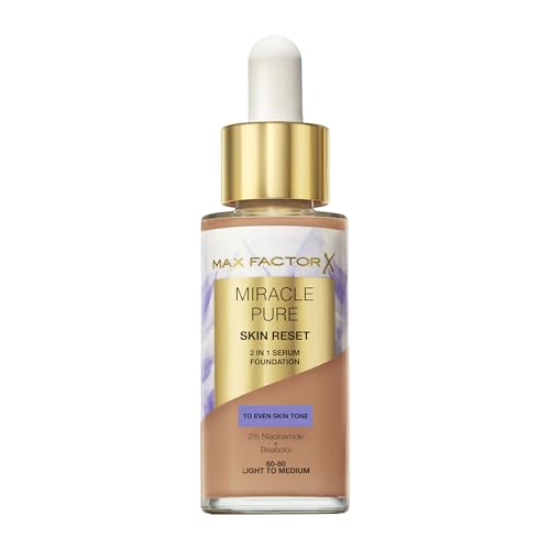 Max Factor Miracle Pure Skin Reset Foundation, 2-in-1 Serum und flüssige Foundation, natürliche Deckkraft mit mattem Finish, Reset-Komplex, Fb. 60-80 Light to Medium