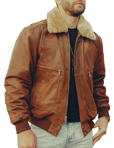Image of FLAVOR Men's Real Leather Bomber Jacket with Removable Fur Collar Aviator