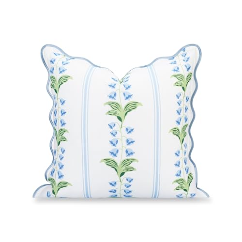 Hofdeco Premium Grandmillennial Coastal Hampton Patio Indoor Outdoor Throw Pillow Cover Only, 20"x20" Water Repellent for Backyard, Couch, Poolside, Blue Green Print Striped Lily of The Vall...