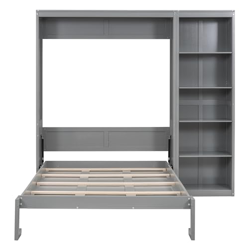 Image of Merax Space-Saving Gray Murphy Bed Full Size with Adjustable Storage Shelves, Multifunctional Foldable Wall Bed for Small Spaces Studio Study Office Guest Room