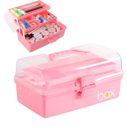 3 Layers Art Storage,Medical Box,Plastic Craft Storage Boxes with Compartments,Craft Box Storage Caddy,Art Storage Box,Craft Organiser for Sewing,Hobby,Arts,Crafts,Lego,Medicine,Stationery (Pink)