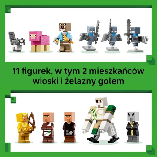 LEGO Minecraft Najazd przywoływaczy na wioskę, zabawka konstrukcyjna dla dziecka, zestaw z 11 figurkami z gry, pomysł na prezent dla chłopca, dziewczynki lub gracza w wieku od 9 lat 21596