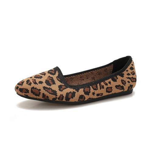 Women's Closed Round Toe Knit Ballet Flats Leopard Print Knitted Flat Shoes for Women Comfortable Work Slip On Flats Office Daily Casual Shoes