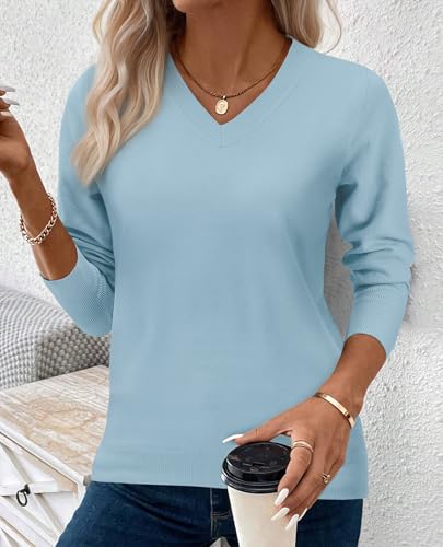 Image of Women's Spring Sweaters 2026 Casual Long Sleeve Pullover V Neck Lightweight Sweatshirts Cute Blouse Tops