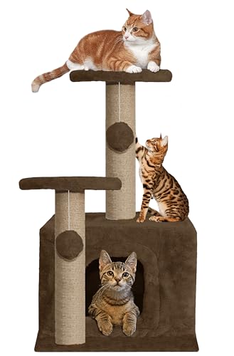 Purrway Soft Fur Activity Cat Tree – Natural Sisal Rope, Condo with Sisal Scratching Post, Hanging Ball Toys for Cats and Kittens (Height 26 Inch) (Brown – FURR-25) Purrway Soft Fur Activity Cat Tree – Natural Sisal Rope, Condo with Sisal Scratching Post, Hanging Ball Toys for Cats and Kittens (Height 26 Inch) (Brown – FURR-25)