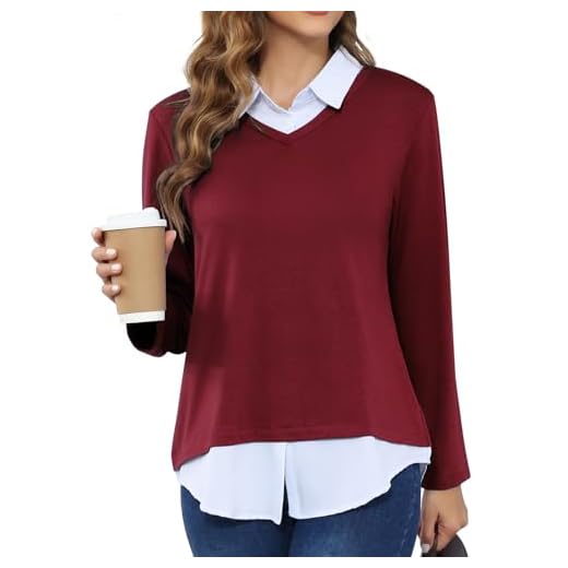Miss Fortune Damen V-Ausschnitt Herbst Winter Pullover Kragen 2 in 1 Casual Langarm Patchwork Büro Pullover Shirts 2025, A-Wine Rot, Medium