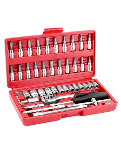 QWORK® 46 piezas 1/4 juego de llaves de vaso, juego de llaves de tubo con estuche de almacenamiento para reparación de automóviles
