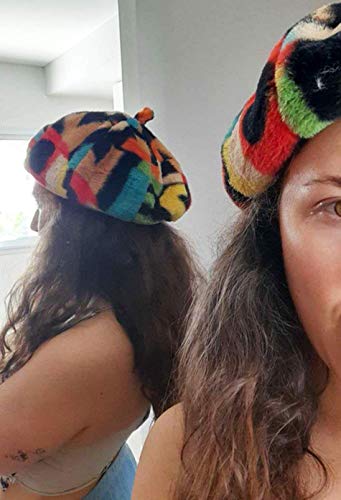 Newfancy Women Colorful Letter Print Faux Fur Beret Hats Artist Painter Hats Fuzzy Fluffy Warm French Winter Beanie Cap Black #TOP5