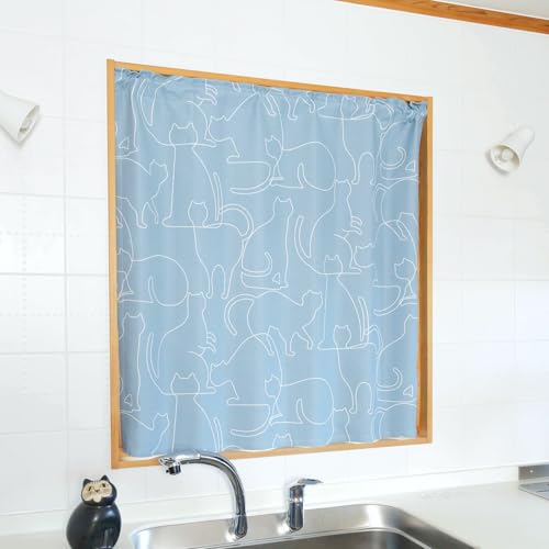 【日本製完全受注生産】TSUMUGI 猫柄 カフェカーテン タッセル付き 【ネコルーチェ】 セミオーダー ネオプレミアプリーツ(形状記憶加工) 遮光1級 UVカット 遮熱 省エネ 突っ張り棒を通すタイプのカーテン 目隠し 間仕切り ねこ ネコ 【1枚】 ブ