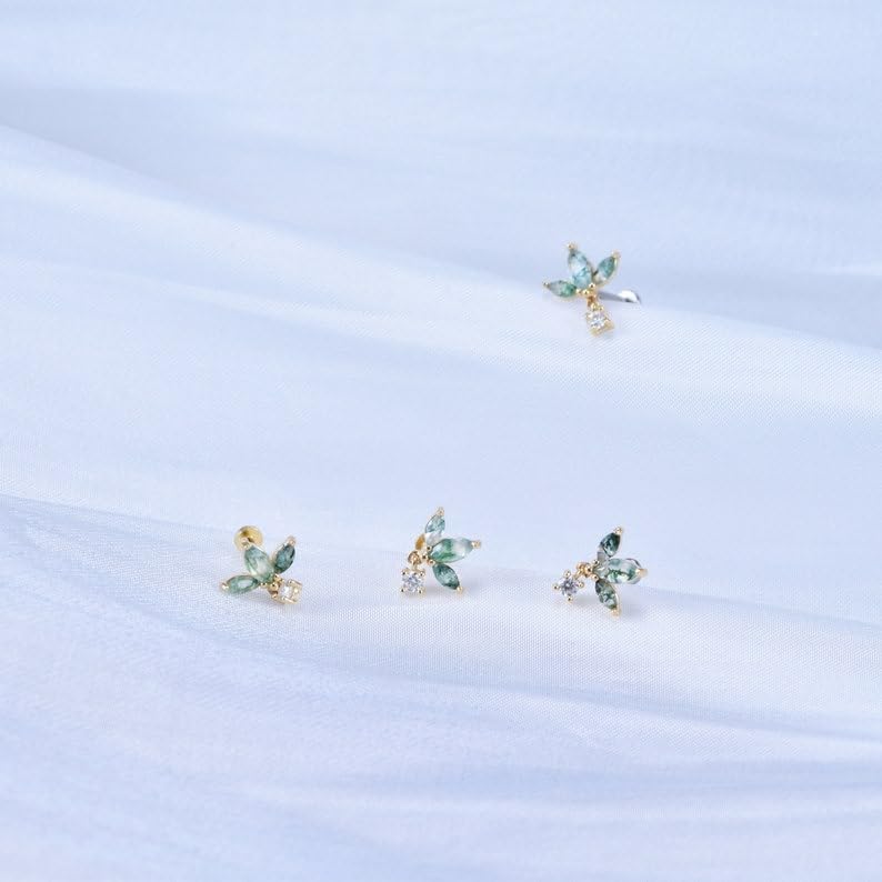 Moss Agate Marquise Stud, Sterling Silver Fan Shaped Green Stud Earring, Solid Silver Jewelry, Push Back Stud, Handmade Jewelry, Women Stud Earring