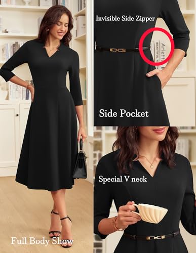 GRACE KARIN Work Dresses for Women 2025,Midi Business Dress,3/4 Sleeve Classy Fit and Flare Dress with Pocket4