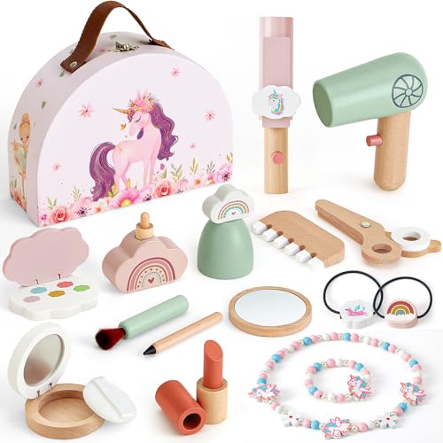 Atoylink Unicornio Maquillaje para Niñas 3 Años, Estuche de Madera con Set Peluqueria Juguete & Maletin, Set Maquillaje Juguete Regalos para Niñas de 3 4 5 6 Años