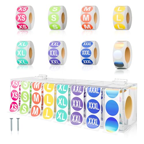 4000 Pcs Wall Mount Size Stickers Labels Holder Labels Tshirt Size Organizer Acrylic Sticker Roll Dispenser Stickers for Clothing T Shirts Retail 8 Size