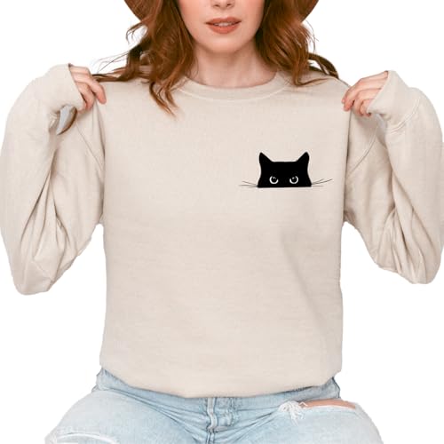 Black Cat Peeking Sweatshirt, Cute Minimalist Cat Hoodie, Funny Cat Lover Gift, Women's Cozy Cat Print Sweatshirt, Casual Cat Mom Sweatshirt, Cat Graphic Sweatshirt