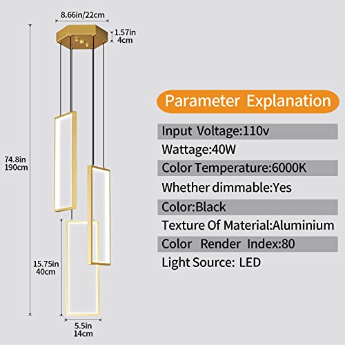 Fdpby Modern Kitchen Pendant Light Fixture Gold 36W Led Pendant Light 3 Rings Rectangle Chandelier Pendant Lighting For Kitchen Island Living Room Dining Room Bedroom #TOP1