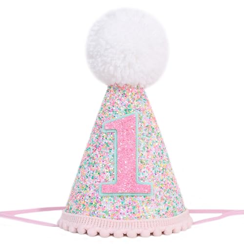 WAUAO Glitter Polka Dots 1st Birthday Cone Hat - First Birthday Crown, One Party Photo Prop for Girls & Boys (Pink) by WAUAO - Used condition - US$10.09