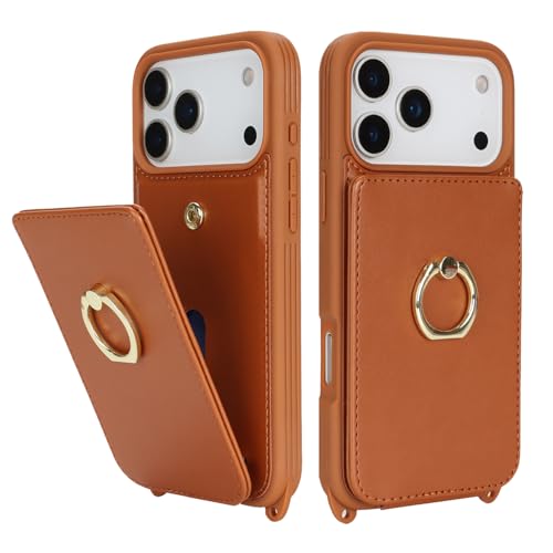 Lipvina for iPhone 17 Pro Case with Card Holder and Strap for Women,Crossbody Lanyard,RFID Blocking,Ring Stand,Snap Clasp,Cute Phone Wallet Cases 6.3 inch (Brown) by Lipvina - Image 4