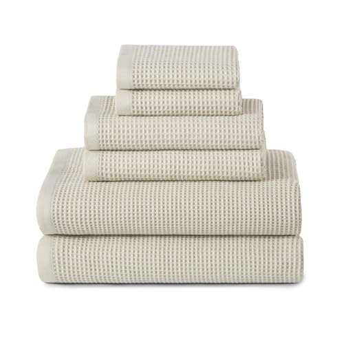 ecolook 6-Piece Waffle Weave Towel Set, 100% Cotton, Lightweight, Absorbent & Quick-Drying, 2 Bath Towels (31×63 in), 2 Hand Towels, 2 Washcloths, Lint-Free for Bathroom, Pool, Gym, Travel - Khaki
