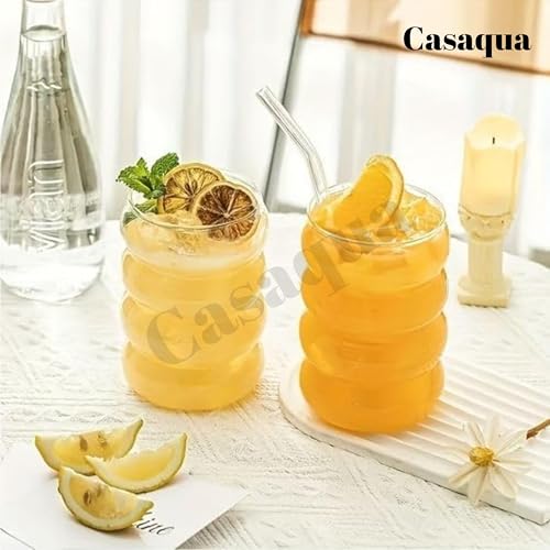 Image of Glass Tumbler with Bamboo Lid & Glass Straw - 500ML, Set of 1, Ribbed Drinking Glass Cup, Reusable Iced Coffee Cup, Borosilicate Glass Tumbler for Juice, Tea, Water & Cold Drink