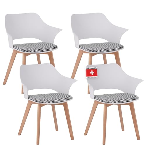 ALBATROS Esszimmerstühle 4er Set Aalborg, Weiss - Beine aus Buche Massiv-Holz, Skandinavisches Retro-Design, bequemer Schalenstuhl - Eleganter Küchenstuhl, Stuhl Esszimmer für Esstisch