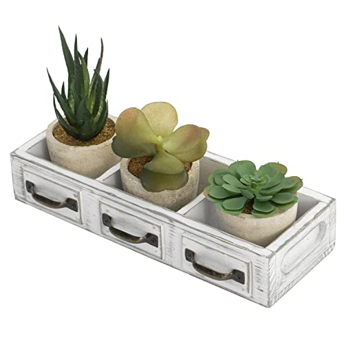 Mygift Assorted Small Artificial Succulent Plants In Round Pots With Vintage White Wood Drawer Design Box Tray With Decorative Handles #TOP21