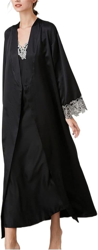 JSEIAJB Black Women's Spring Autumn Long Robes with Sleepwear Nightgown Two-Piece Silk Sexy Comfortable Pajamas Homewear Suit(Medium)