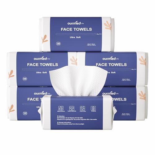 Image of Ourmed Life Face Towels, Disposable Biodegradable Clean Facial Wash Cloth for Sensitive Skin, Lint- free Facial Towels for Cleansing, Skincare and Makeup Remover, Dry Wipes, 600 Count