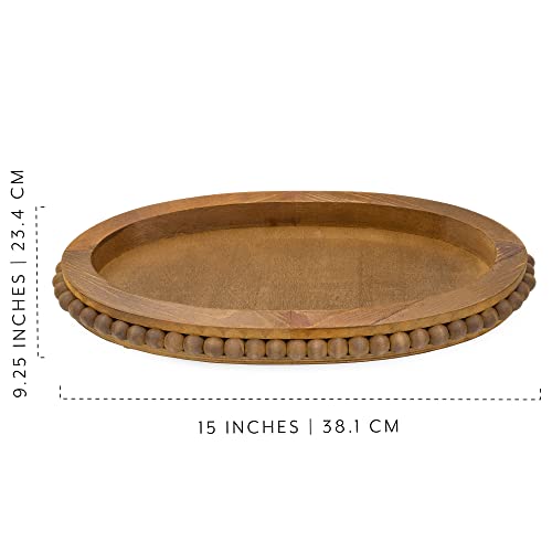 AuldHome Design Wood Beaded Tray (Stained Wood), Decorative Farmhouse Style Oval Wooden Tray