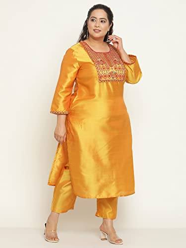 Image of Sringam Mustard Solid Plus Size Embroidered Kurta with Trouser /Bottom