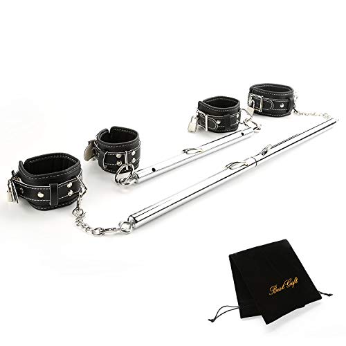 EXREIZST 2 Silver Spreader Bar with 4 Black Leather Straps Adjustable Expandable Sports Aid Training System Set (Silver and Black)