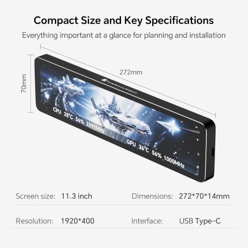 Image of TR Trofeo Vision 11.3 LCD Black PC Monitoring Screen, 11.3-Inch | 11.3-inch 1920x400 USB-C LCD screen for PC hardware stats, images, GIFs, and desktop case display