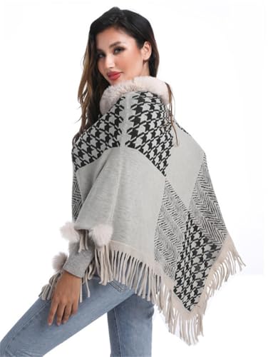 Women's Plaid Pashmina Shawl Wraps Chunky Fringe Pullover Poncho Cape Cloak Warm Sweater Coat Faux Fur Trim2